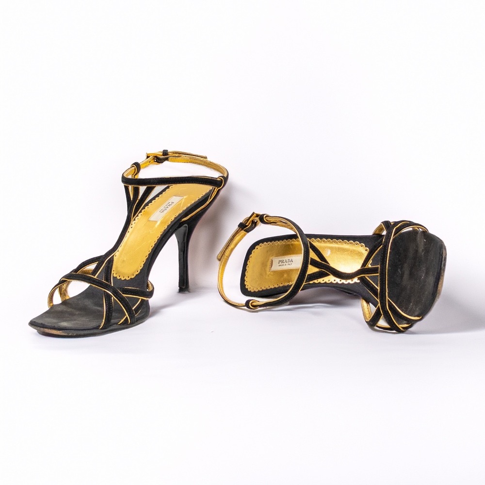 Prada Black & Gold Strappy Suede Leather Heels – Made in Italy – Size 38 (US 8)